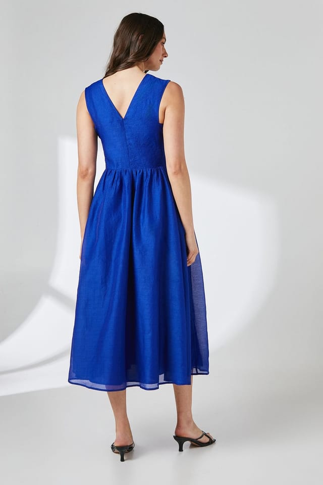 Principles Principles Women's Pleat Detail V Neck Organza Midi Dress in Blue - 3