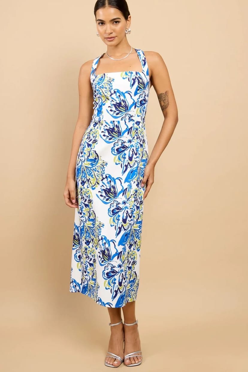 Little Mistress Little Mistress Women's Blue Floral Print Halterneck Midaxi Dress - 1