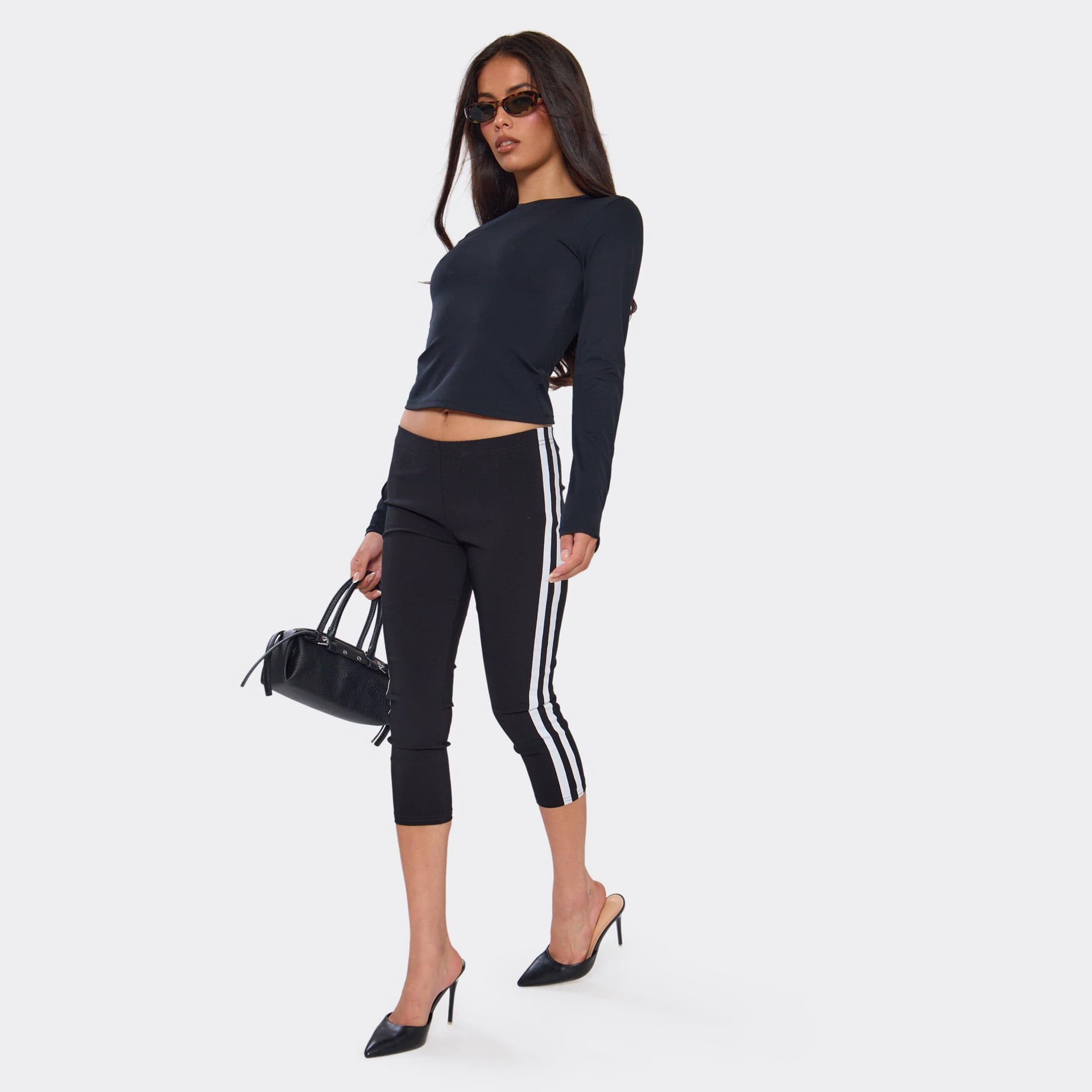 EGO Low Rise Side Stripe Detail Capri Trousers In Black Stretch Woven, Women's Size UK 6