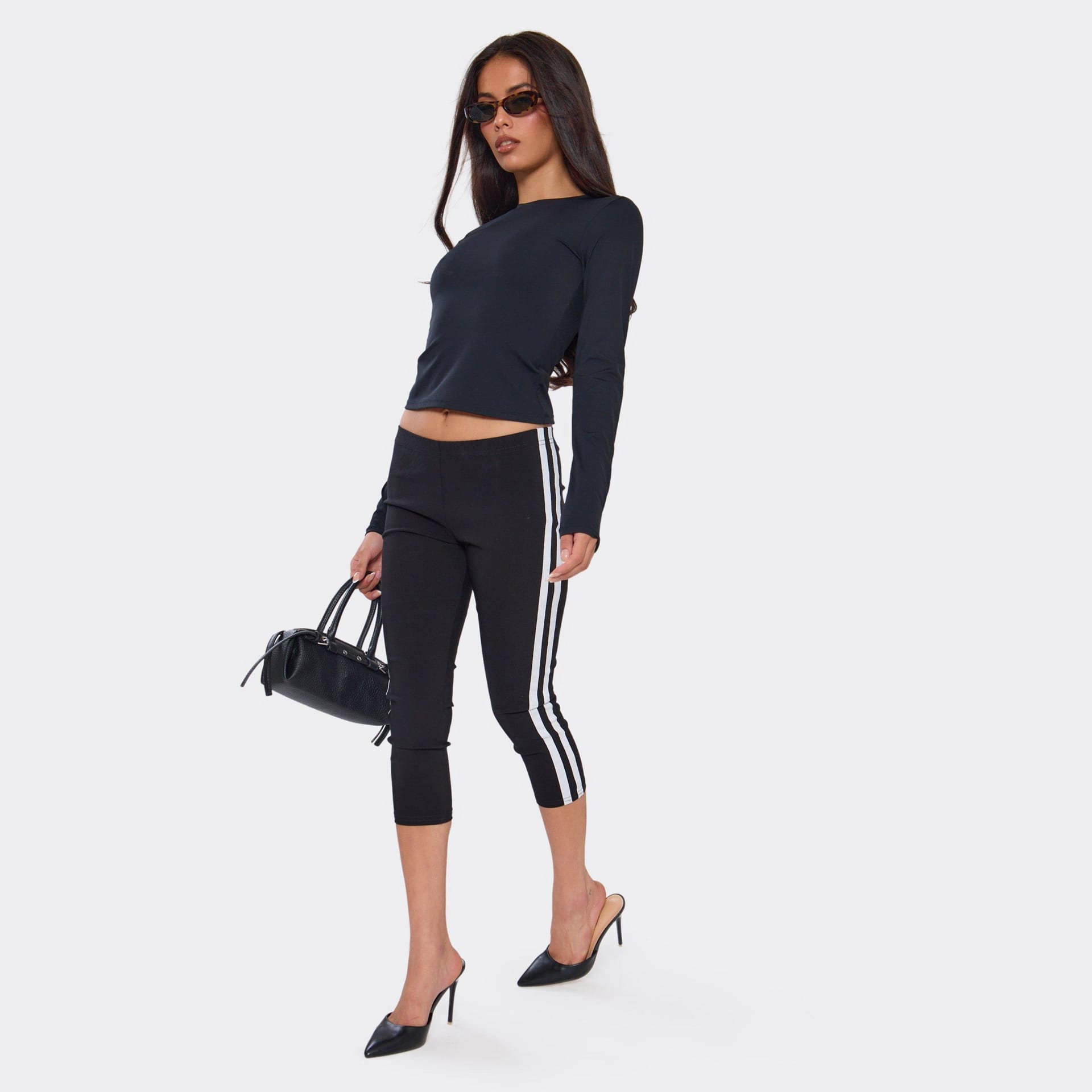 EGO Black Stretch Woven Low Rise Side Stripe Capri Trousers
