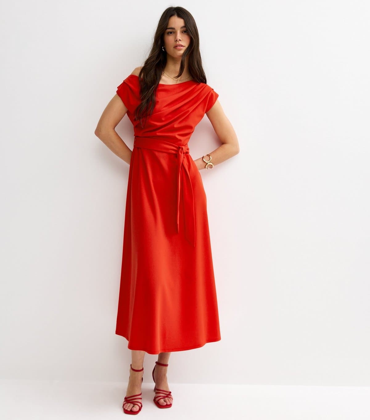 New Look Women's Dark Coral Fallen Shoulder Tie Waist Midi Dress New Look