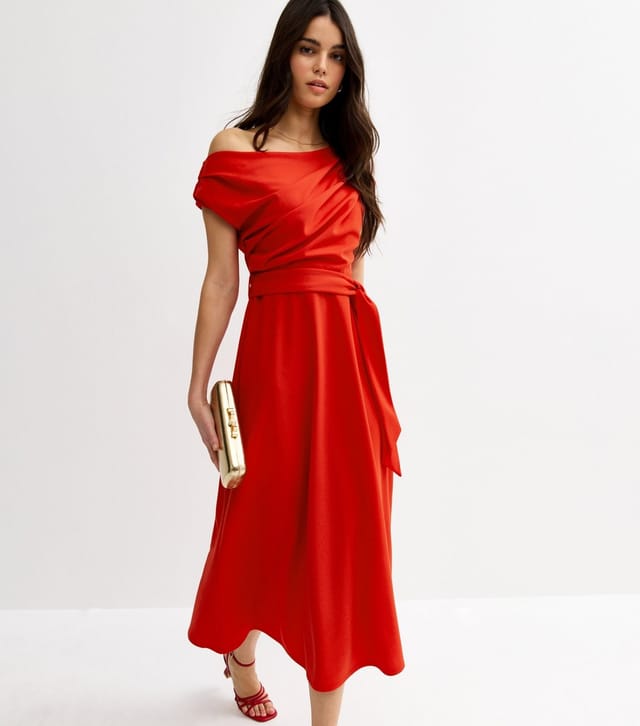 New Look Women's Dark Coral Fallen Shoulder Tie Waist Midi Dress New Look - 2