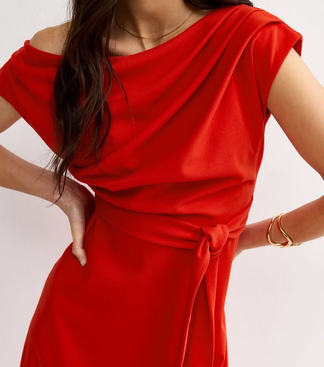 New Look Women's Dark Coral Fallen Shoulder Tie Waist Midi Dress New Look - 3