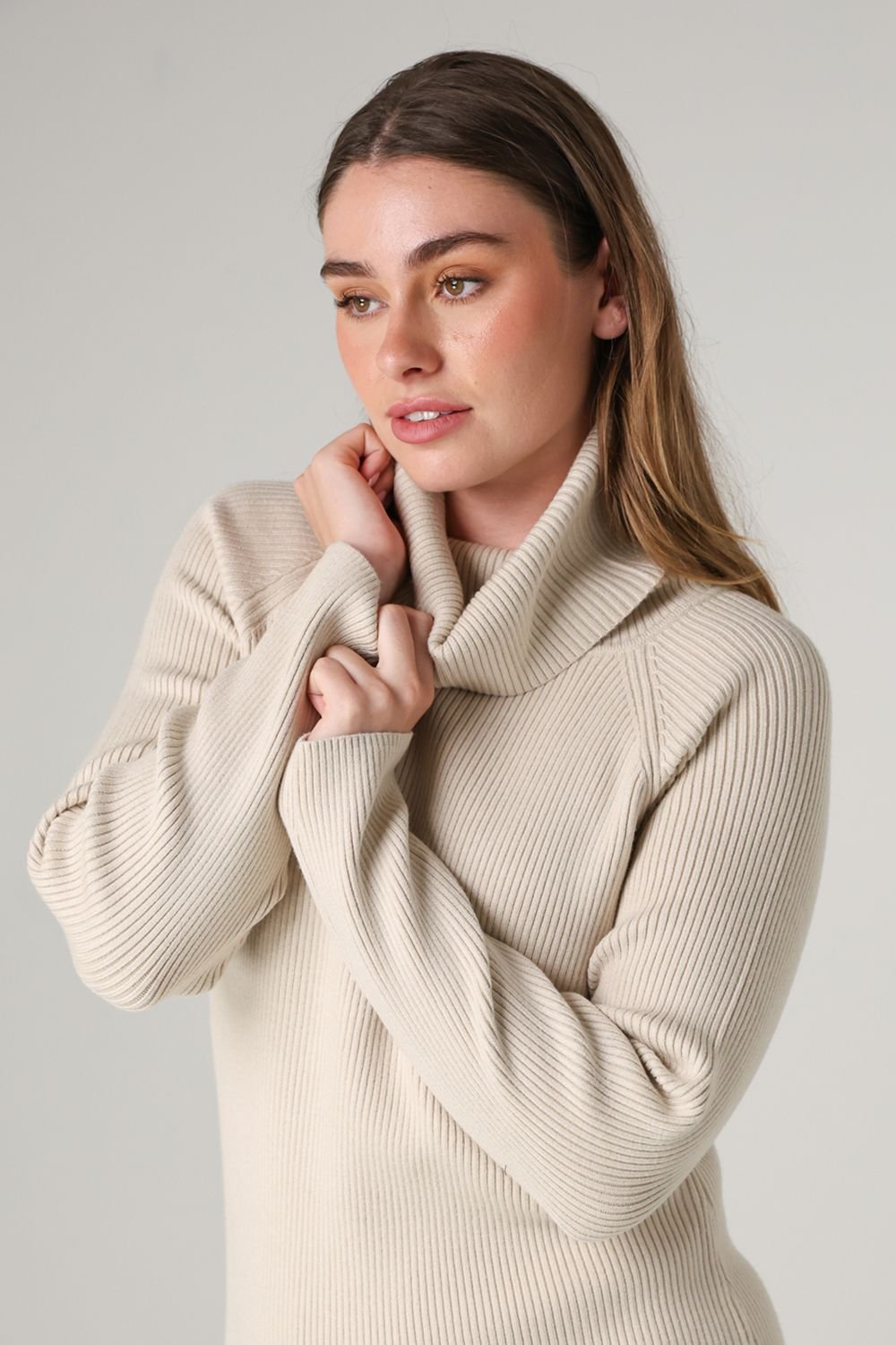 French Connection French Connection Women's Cosy Ribbed Cowl Neck Long Sleeve Mini Dress in Beige - 4