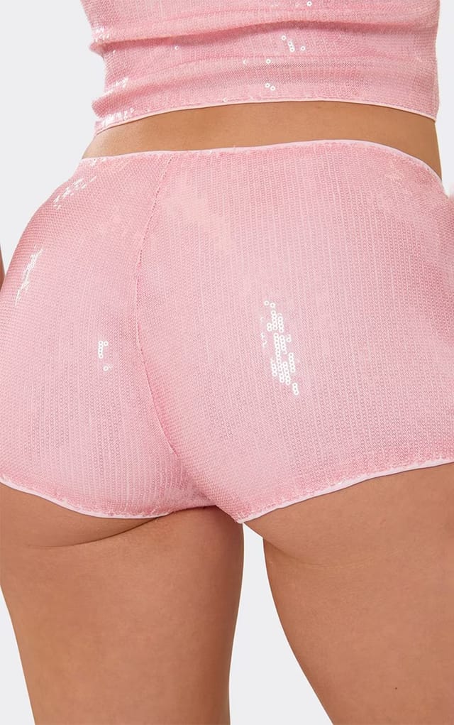EGO Low Rise Hotpant Shorts In Pink Sequin, Women's Size UK 6 - 2