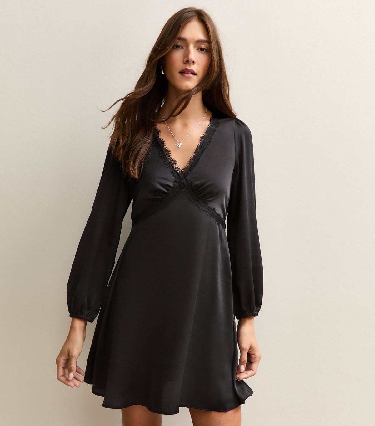 New Look Black Satin Lace Trim Mini Dress