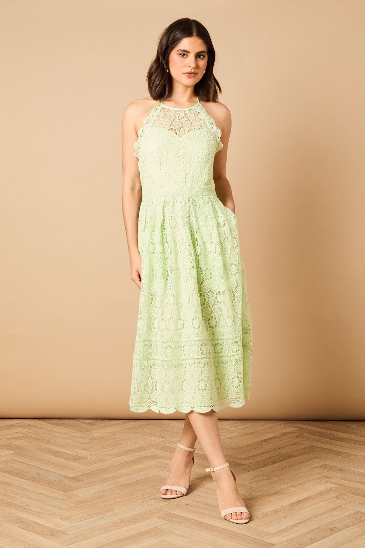Oasis Oasis Women's Lace Detail Halterneck Midi Dress in Sage