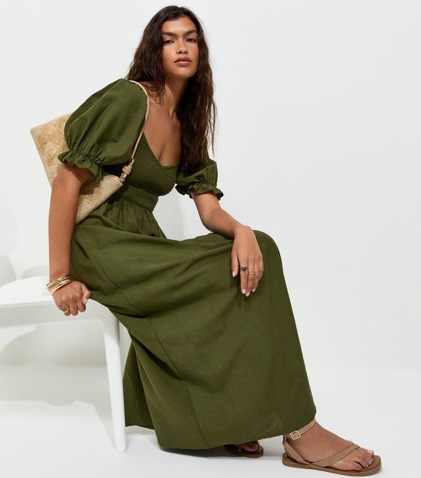New Look Women's Dark Khaki Shirred Bodice Puff Sleeve Midi Dress New Look - 1