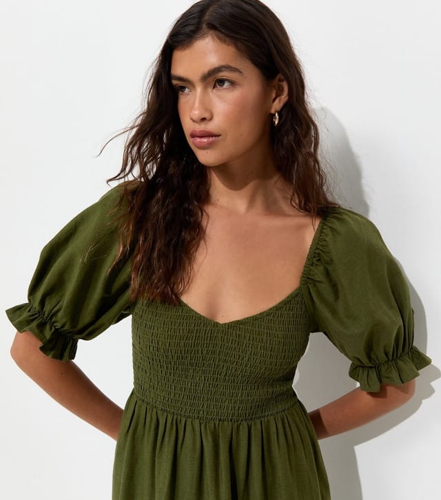 New Look Women's Dark Khaki Shirred Bodice Puff Sleeve Midi Dress New Look - 2