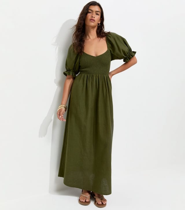 New Look Women's Dark Khaki Shirred Bodice Puff Sleeve Midi Dress New Look - 3