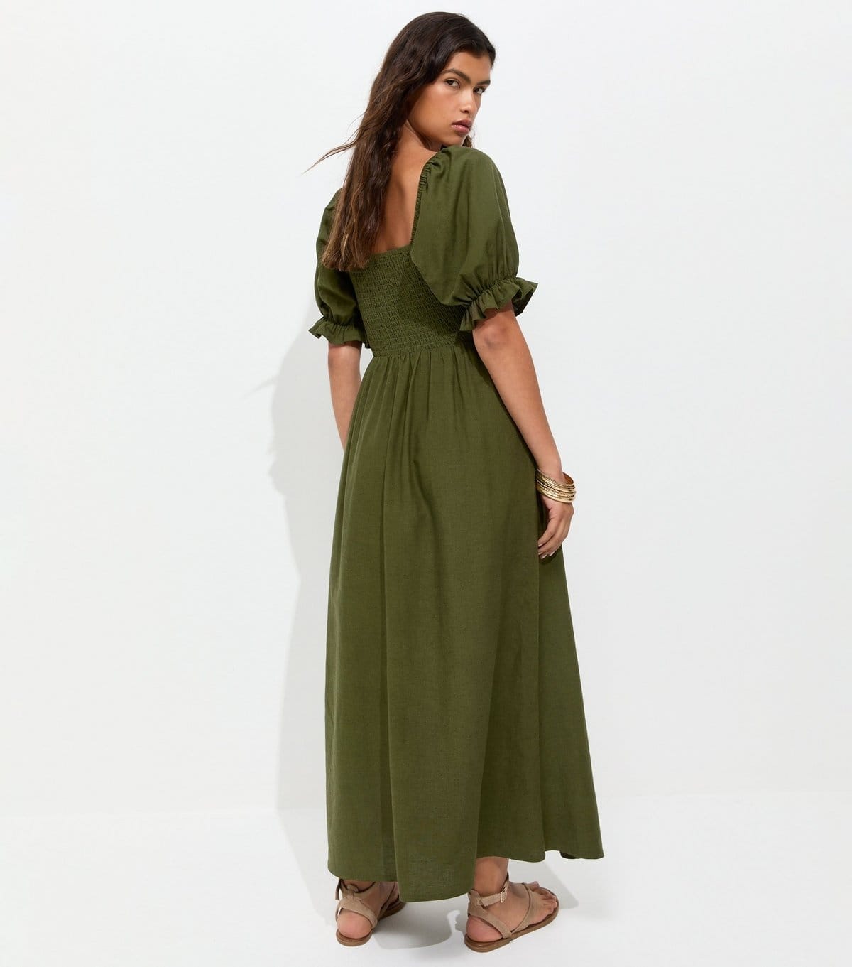 New Look Women's Dark Khaki Shirred Bodice Puff Sleeve Midi Dress New Look - 4