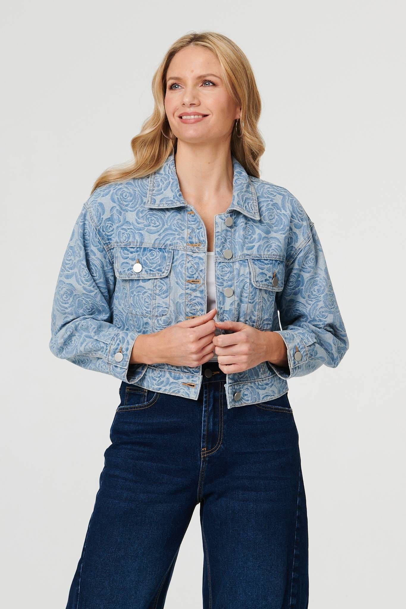 Izabel London Izabel London Women's Floral Print Cropped Denim Jacket in Blue