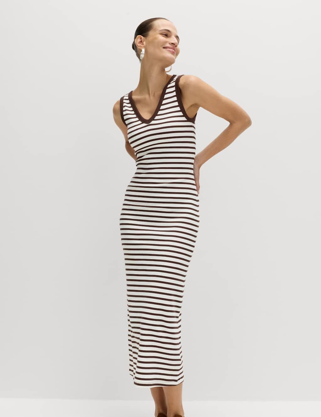 Marks & Spencer M&S Cotton Rich V-Neck Midi Column Dress Brown Mix