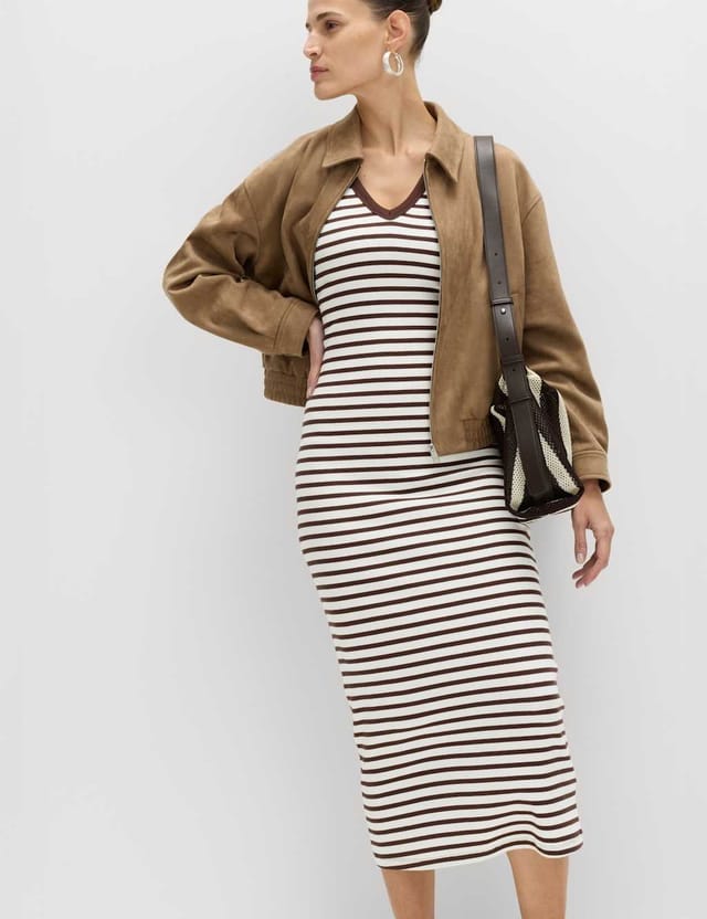 Marks & Spencer M&S Cotton Rich V-Neck Midi Column Dress Brown Mix - 3
