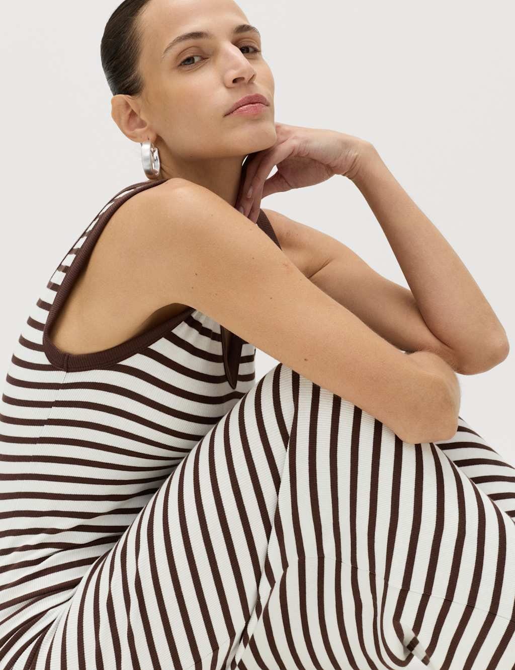 Marks & Spencer M&S Cotton Rich V-Neck Midi Column Dress Brown Mix - 4