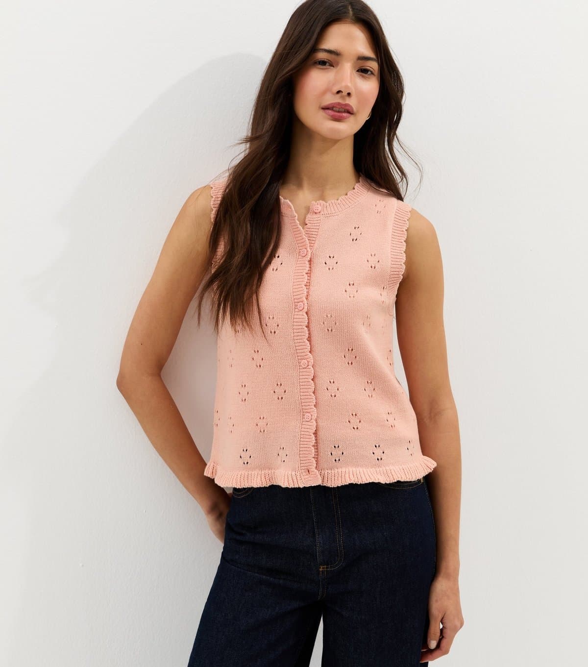 New Look Women's Pink Cotton Rich Stitch Detail Scallop Trim Waistcoat New Look