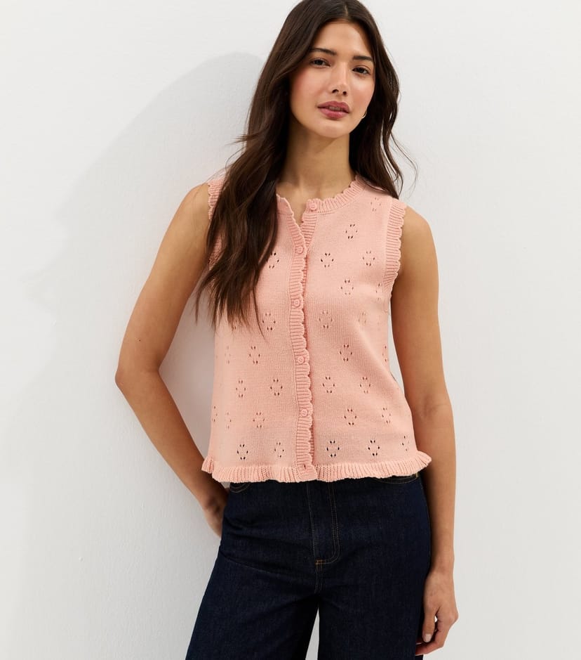 New Look Women's Pink Cotton Rich Stitch Detail Scallop Trim Waistcoat New Look - 1