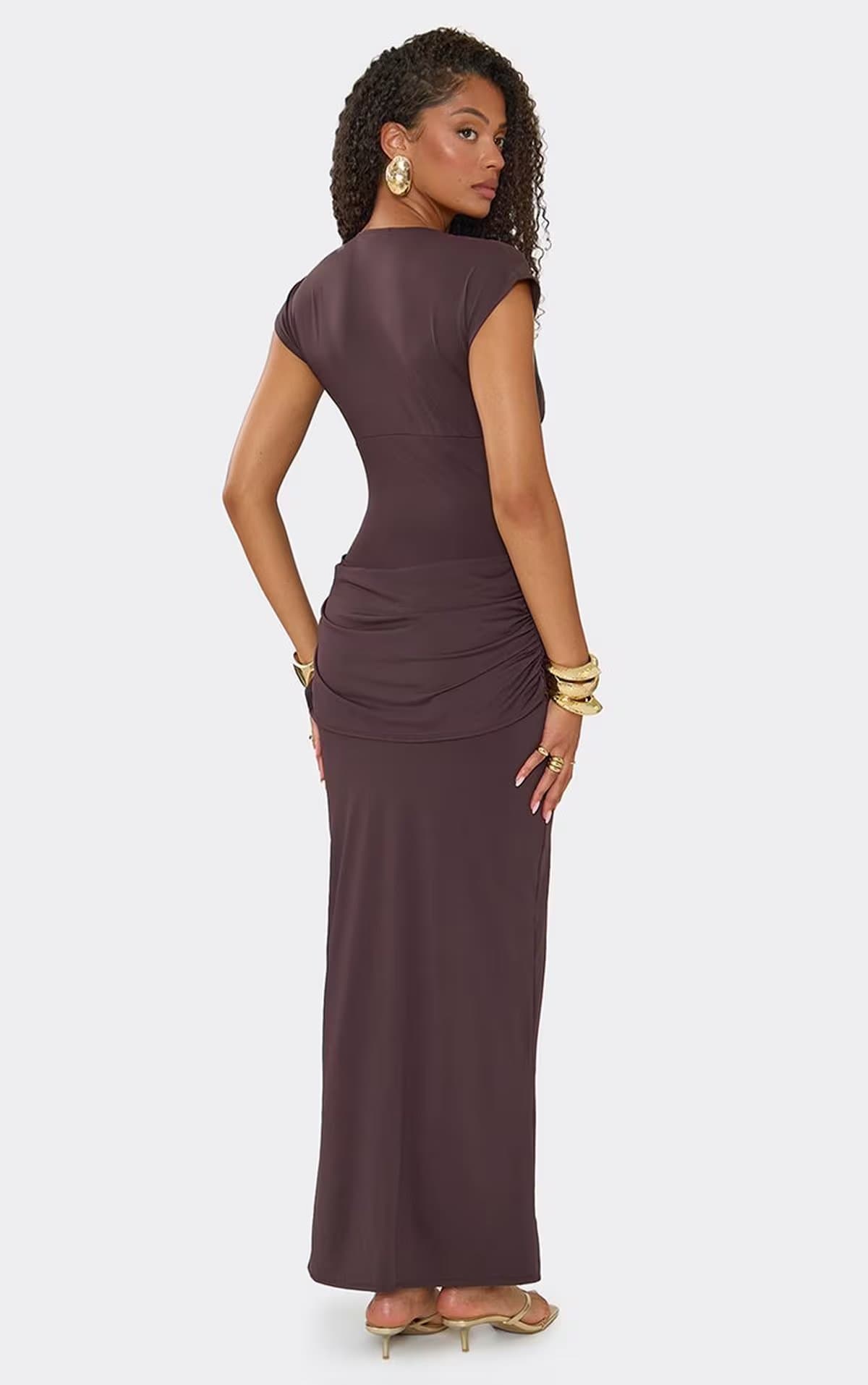 EGO Plunge Drape Front Maxi Dress In Chocolate Brown, Women's Size UK 6