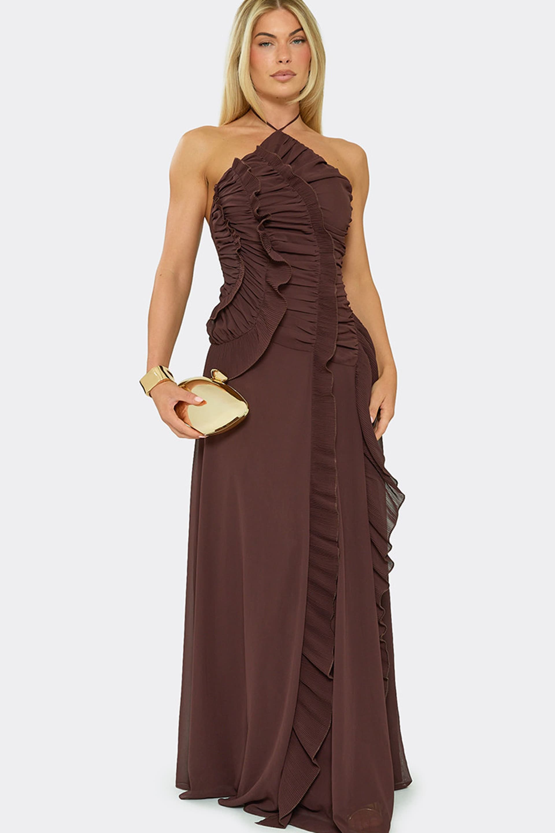 EGO EGO Women's Sleeveless Ruffle Maxi Dress in Chocolate