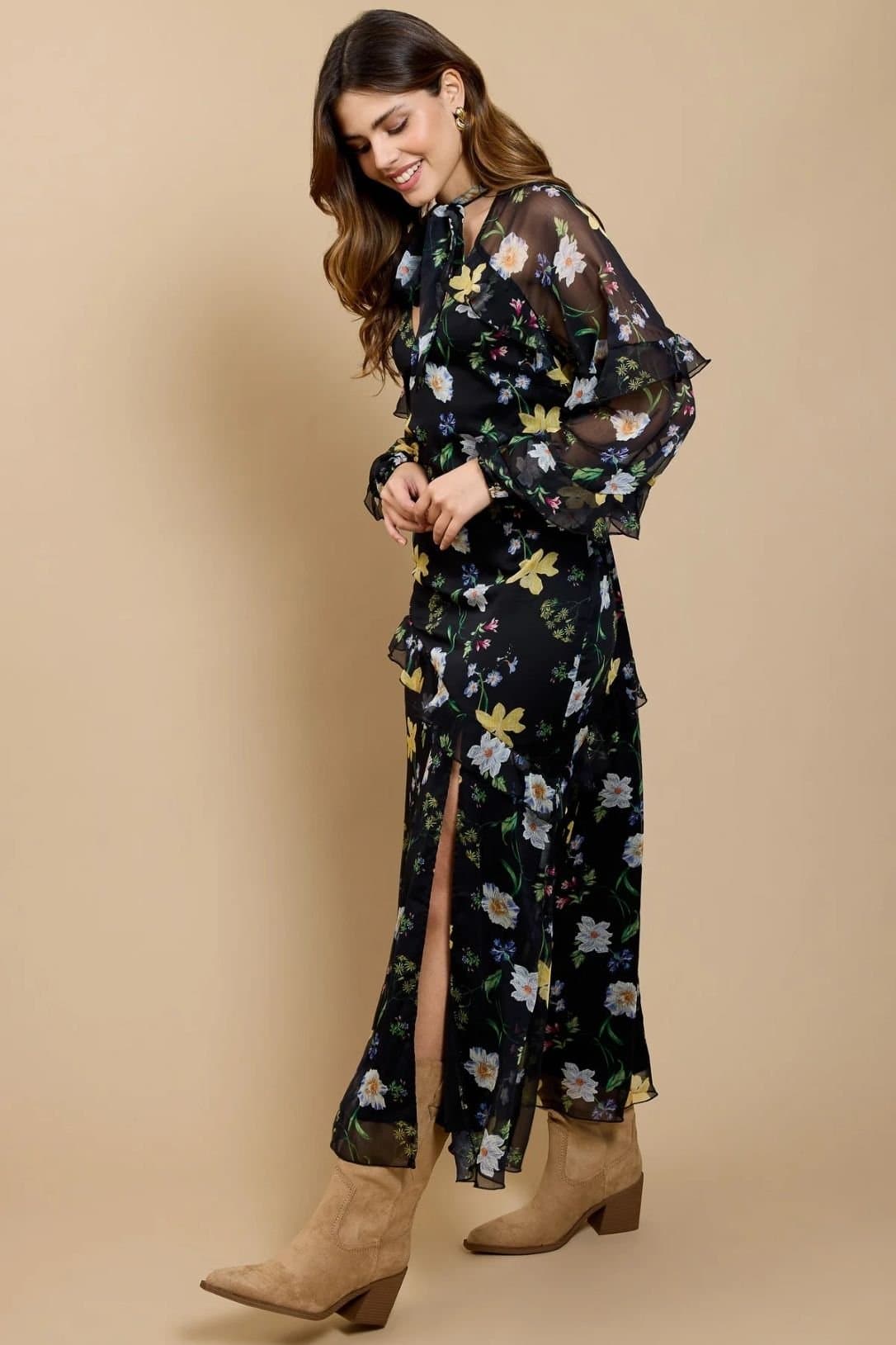 Little Mistress Little Mistress Women's Black Floral Print Frill Midaxi Dress