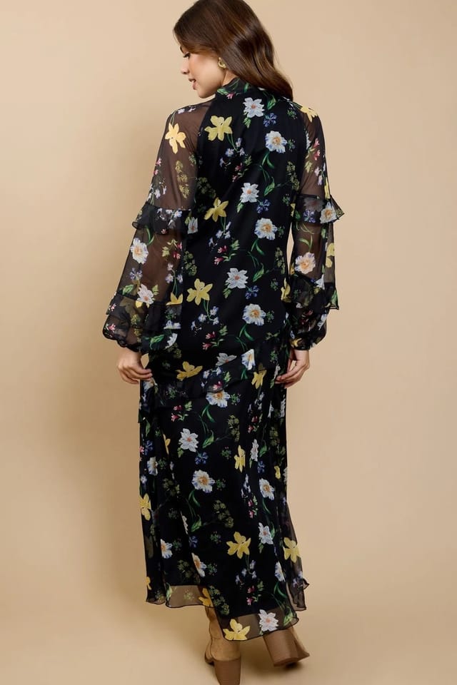 Little Mistress Little Mistress Women's Black Floral Print Frill Midaxi Dress - 2