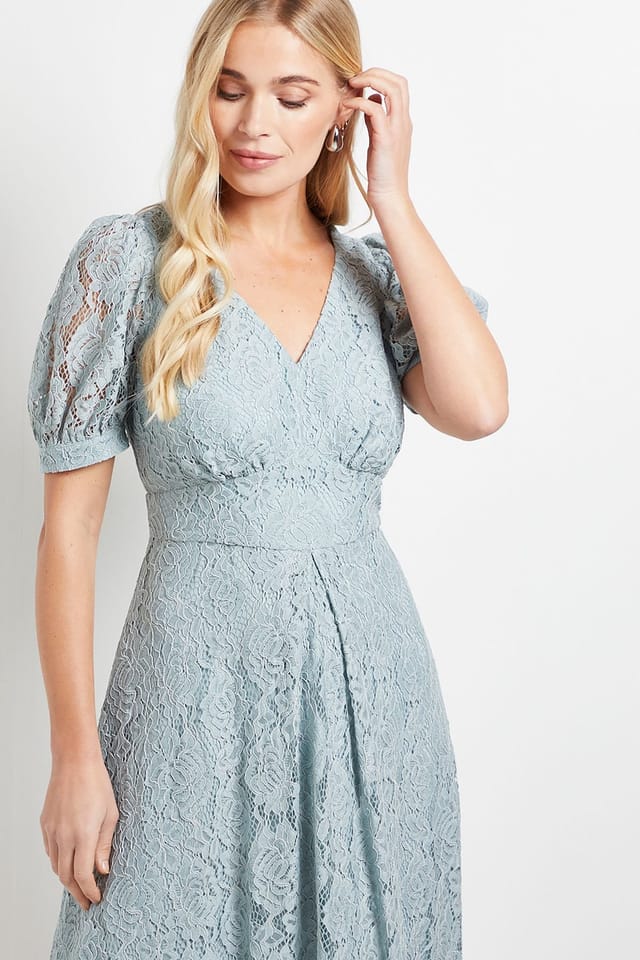 Wallis Wallis Women's Petite Lace V Neck Tea Midi Dress in Turquoise - 2