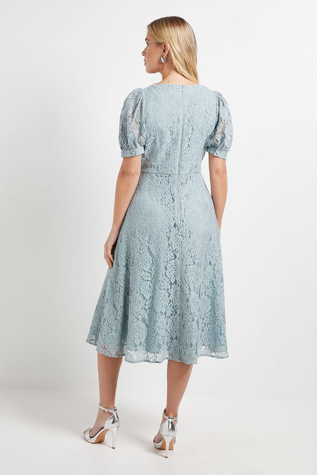 Wallis Wallis Women's Petite Lace V Neck Tea Midi Dress in Turquoise - 3