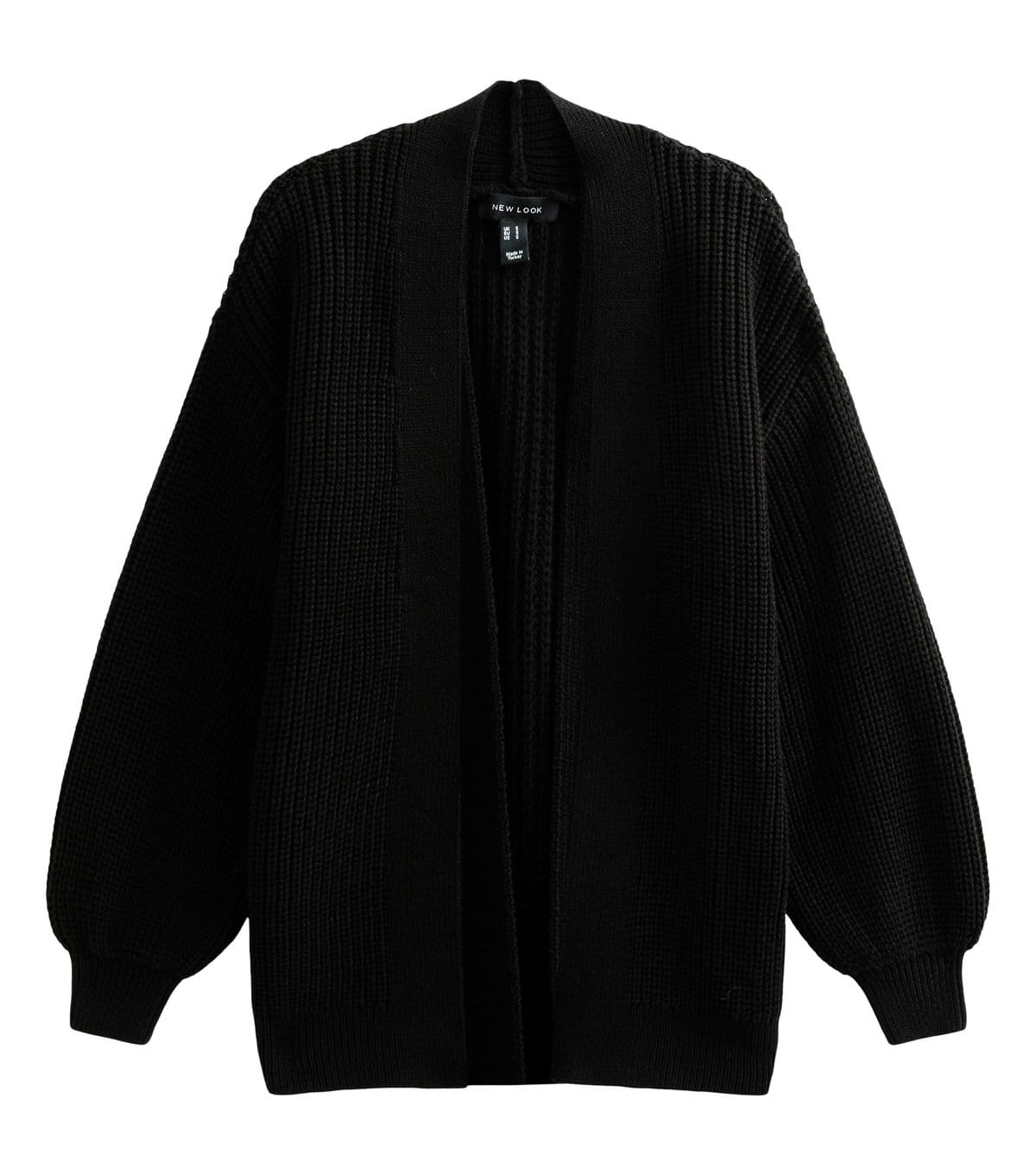 New Look Black Ribbed Knit Balloon Sleeve Cardigan