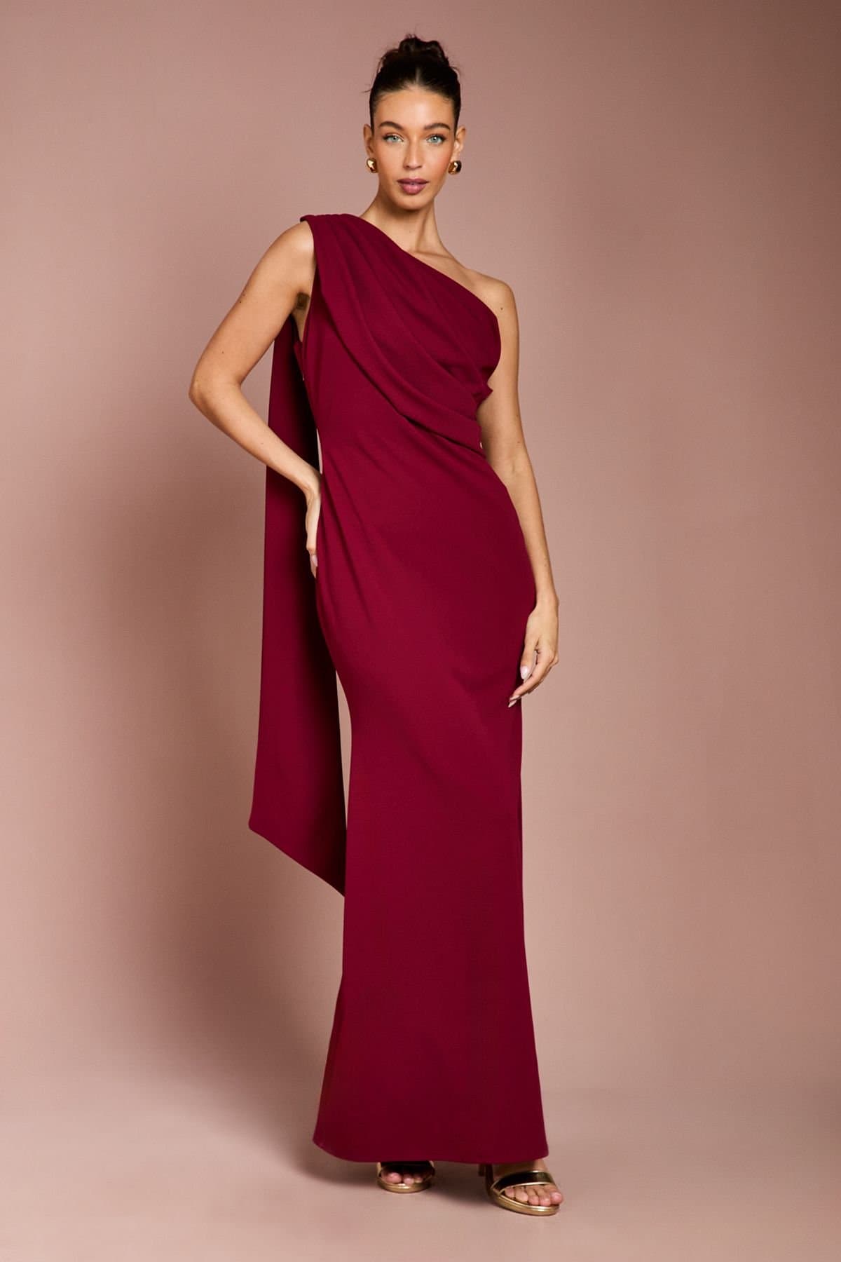 Coast Coast Women's One Shoulder Stretch Crepe Maxi Dress in Wine