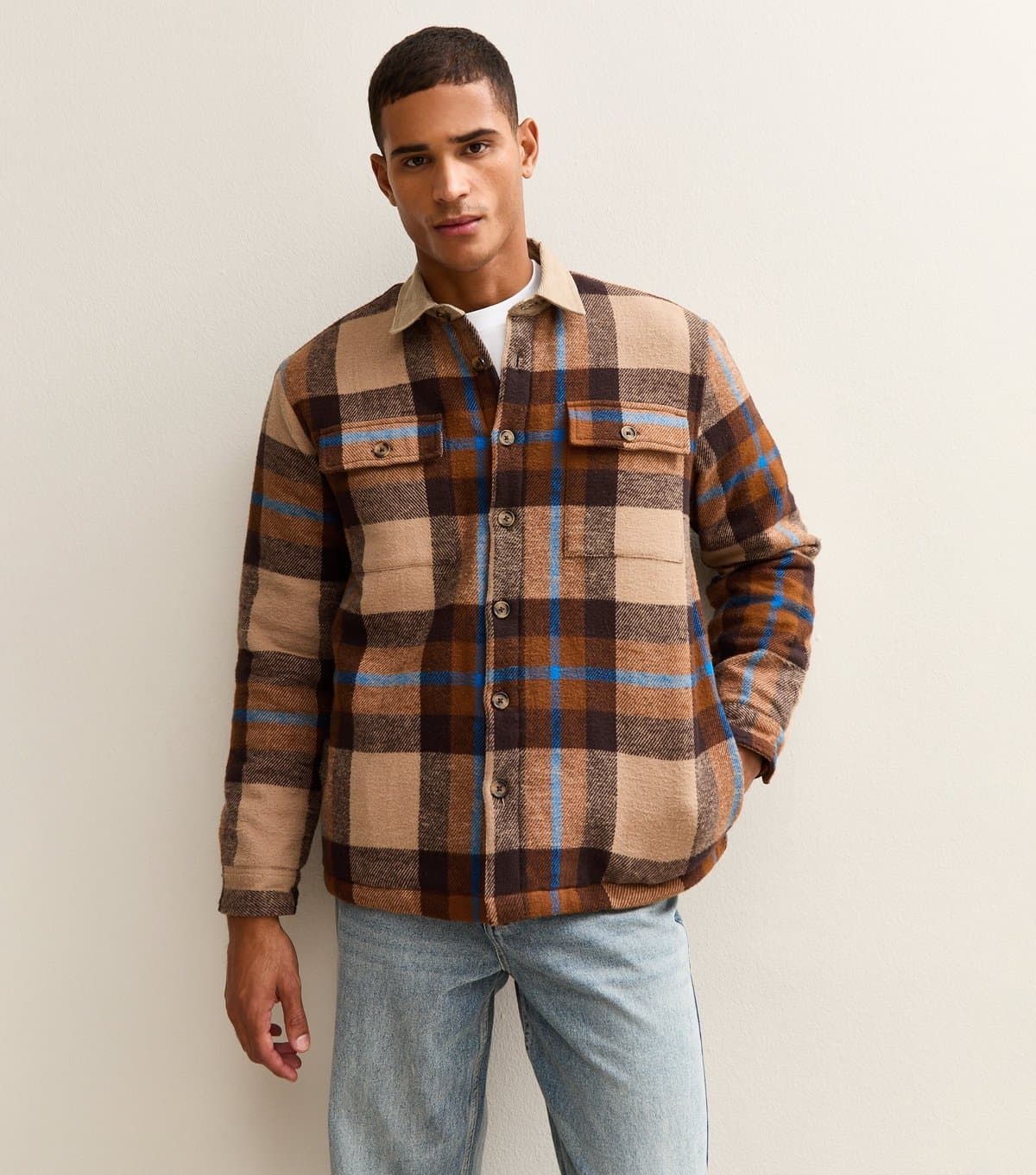 New Look Men's Blue Regular Fit Corduroy Collar Check Jacket New Look