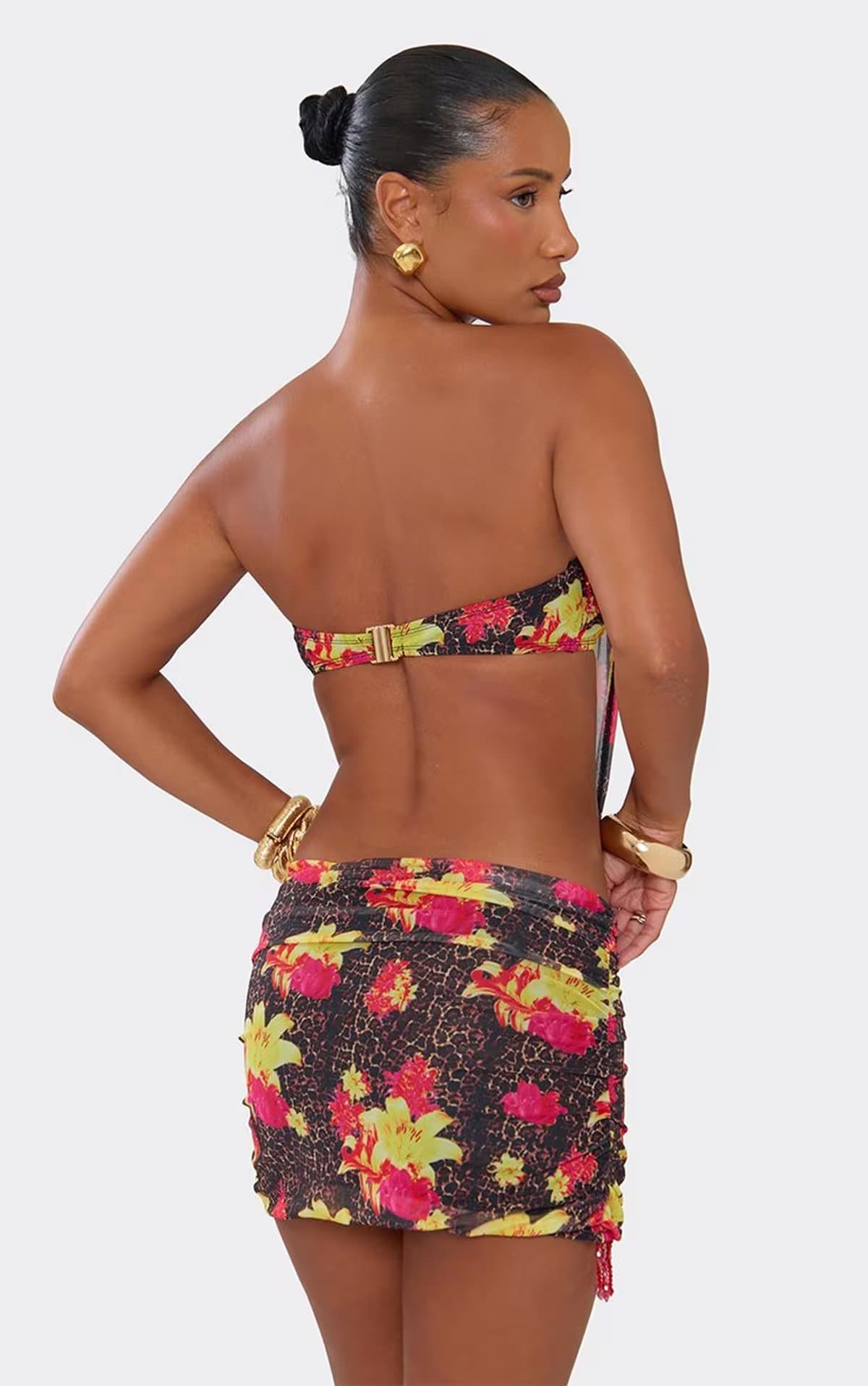 EGO Bandeau Beaded Tassel Hem Ruched Open Back Mini Dress In Multi Floral Animal Print, Women's Size UK 6