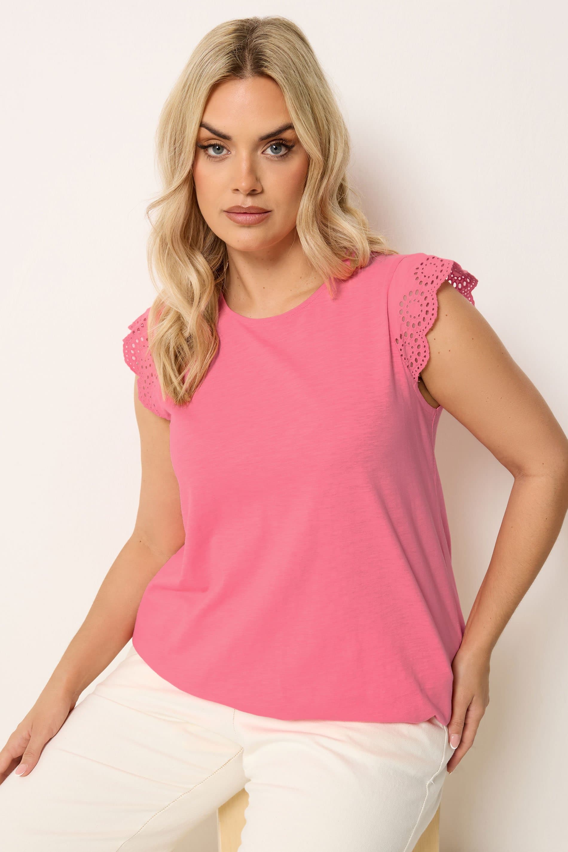 Yours Plus Size Coral Pink Broderie Anglaise Frill Vest Top