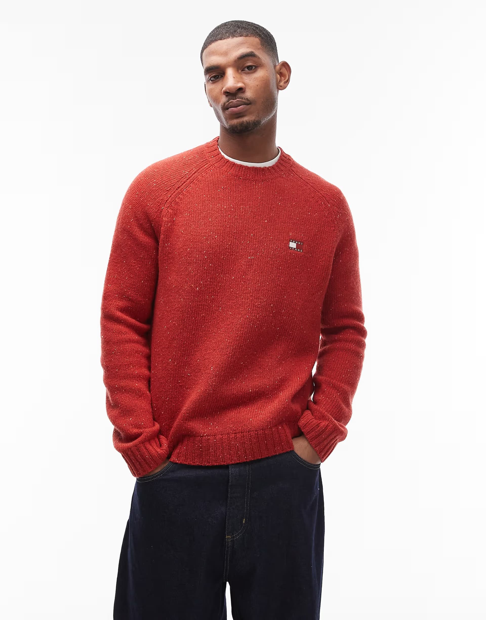 ASOS Tommy Jeans chest flag logo speckle jumper in red