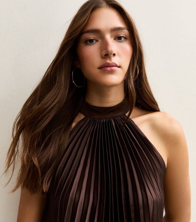 New Look Women's Dark Brown Pleated Halterneck Mini Dress New Look - 3