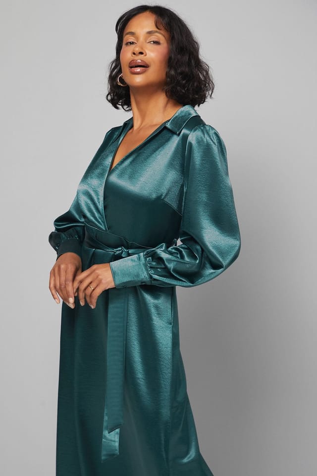 Wallis Wallis Women's Satin Collared Tie Waist Midi Dress in Green - 2