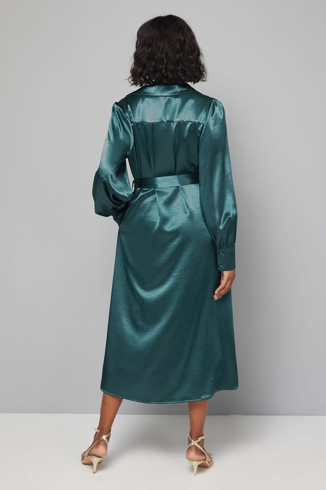 Wallis Wallis Women's Satin Collared Tie Waist Midi Dress in Green - 3