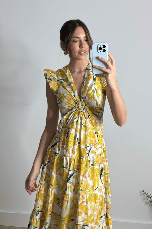 Style Cheat Style Cheat Women's Indie Cut-Out Frill Maxi Dress in Lemon Floral in Yellow - 3