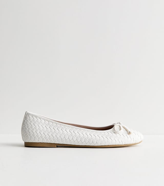 New Look Women's Wide Fit White Faux Leather Woven Ballet Pumps Vegan New Look - 3