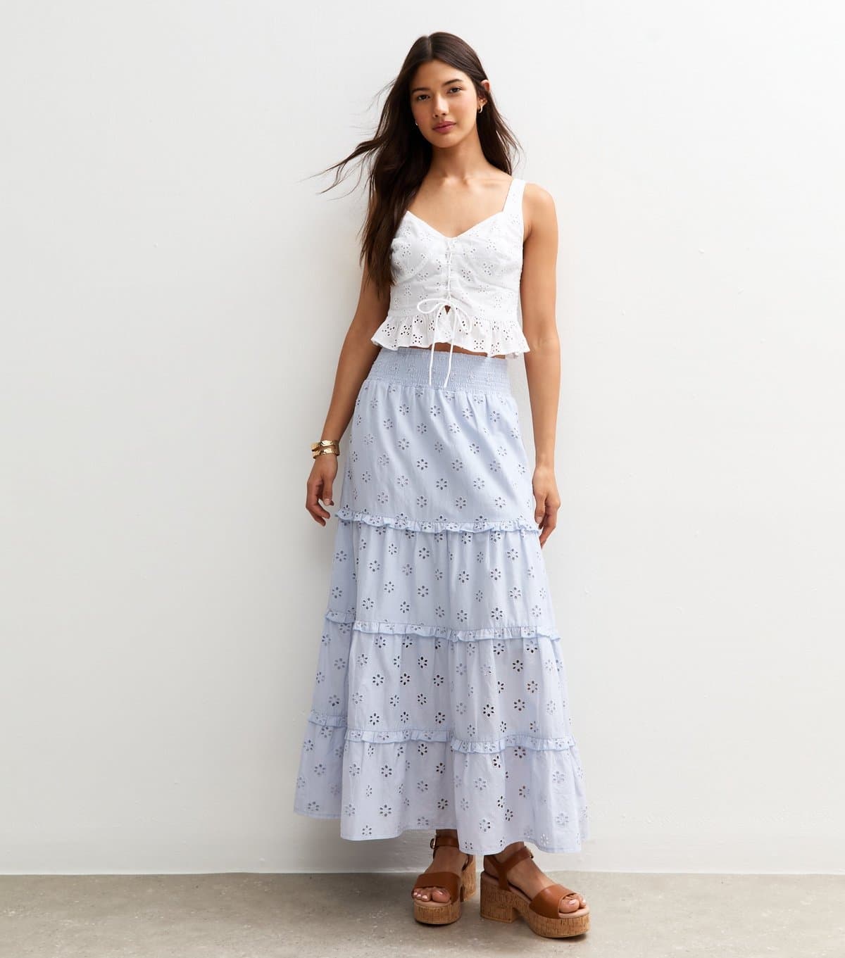 New Look Women's Light Blue Broderie Anglaise Tiered Midi Skirt New Look