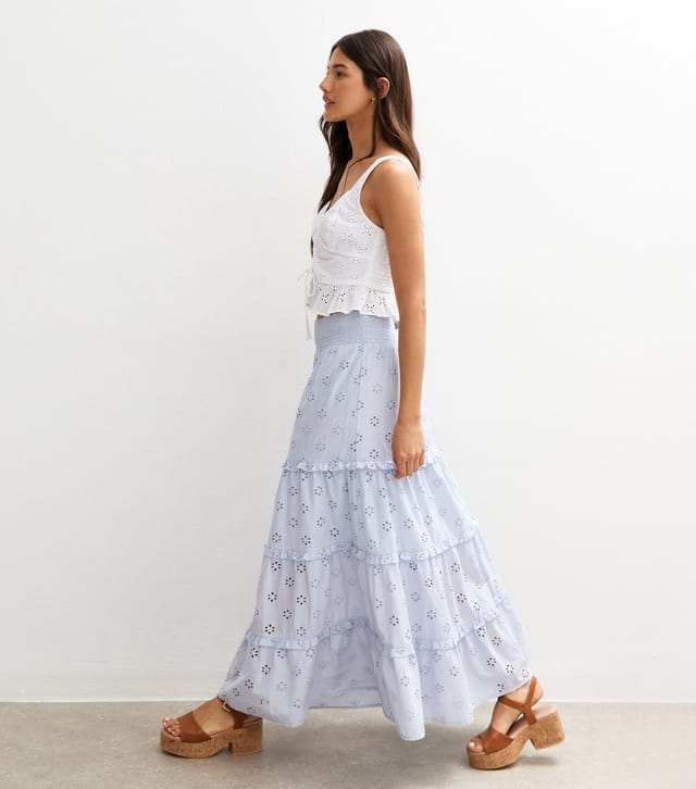 New Look Women's Light Blue Broderie Anglaise Tiered Midi Skirt New Look - 2
