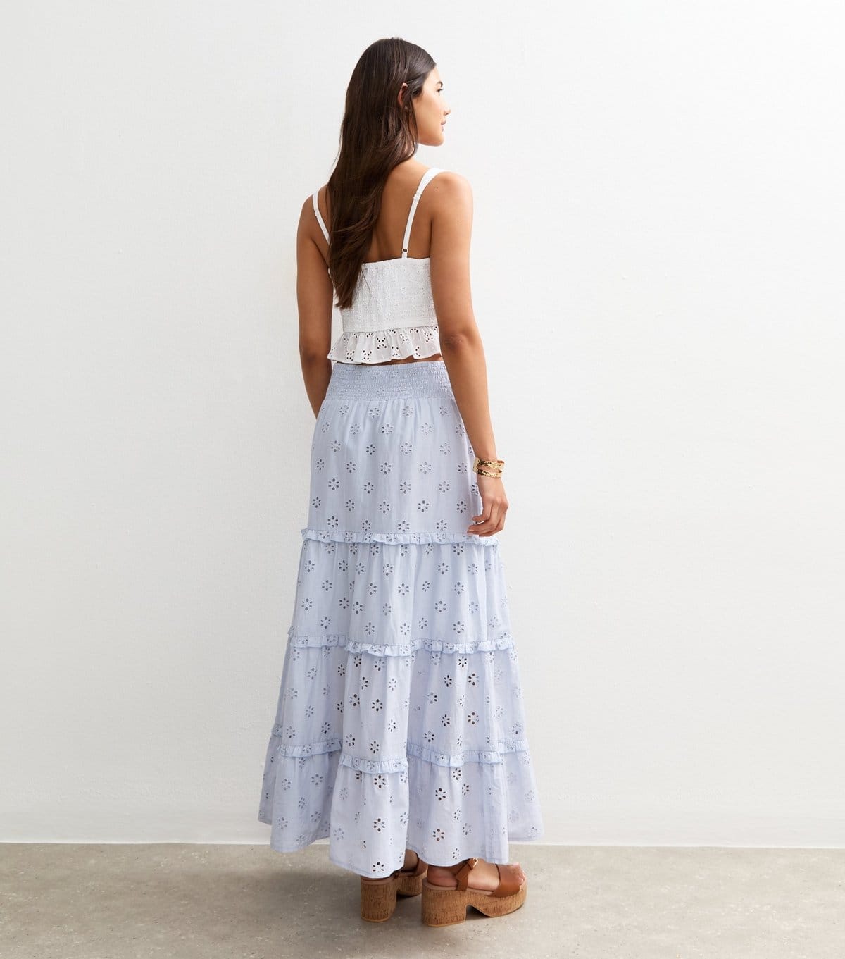 New Look Women's Light Blue Broderie Anglaise Tiered Midi Skirt New Look - 4