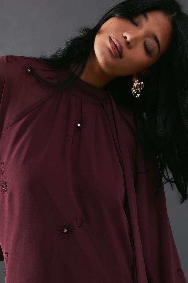 Warehouse Warehouse Women's Premium Chiffon Tie Neck Moon Embellished Sequin Mini Smock Dress in Burgundy - 2