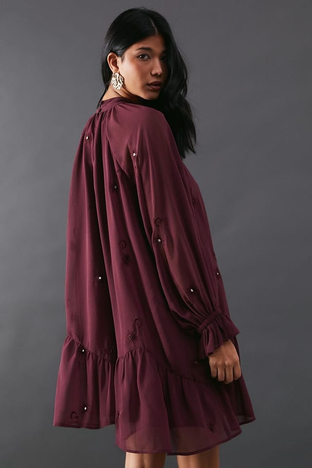 Warehouse Warehouse Women's Premium Chiffon Tie Neck Moon Embellished Sequin Mini Smock Dress in Burgundy - 3