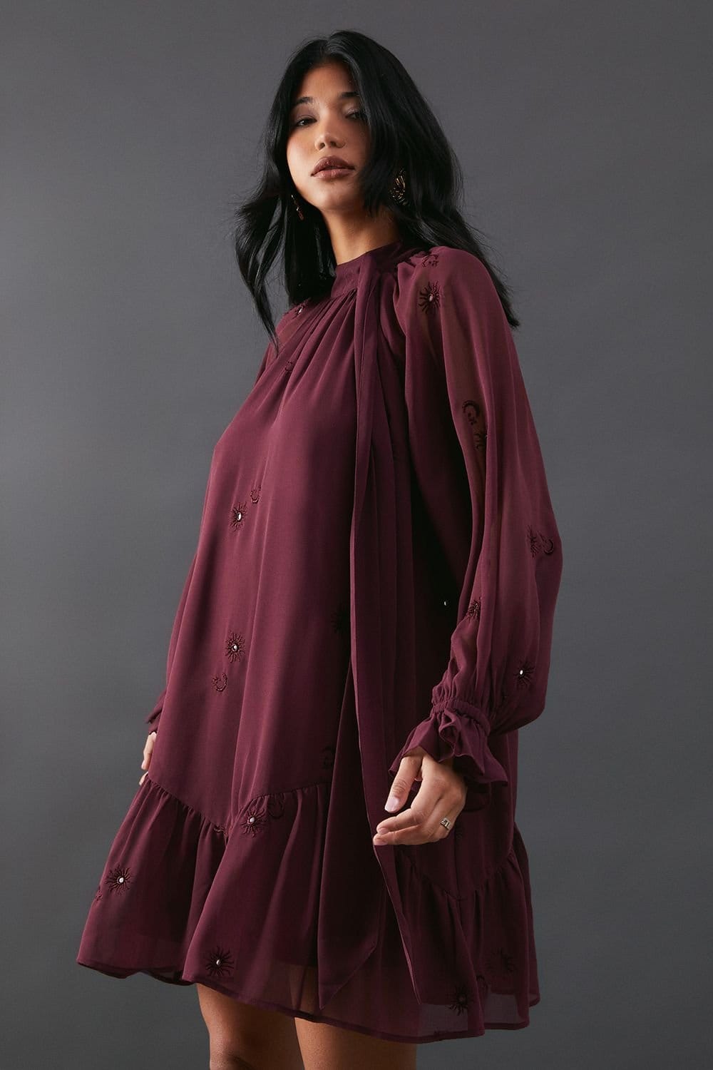 Warehouse Warehouse Women's Premium Chiffon Tie Neck Moon Embellished Sequin Mini Smock Dress in Burgundy - 4