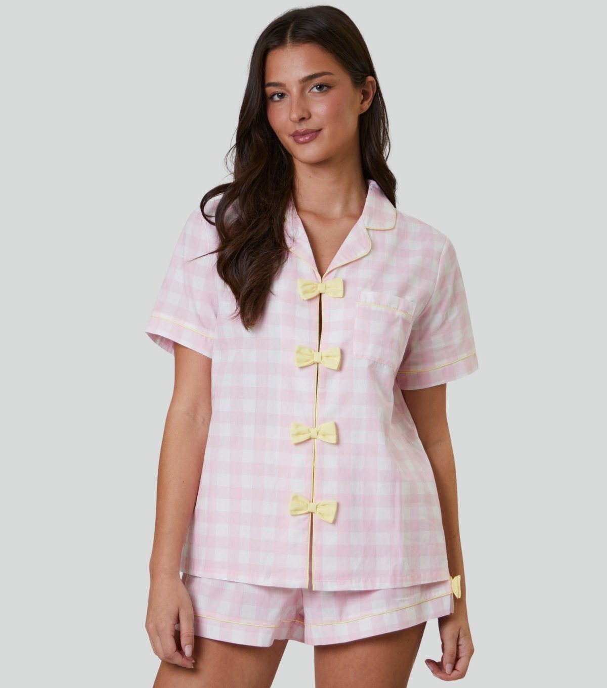 Loungeable Women's Pink Checked Bow Trim Pyjama Set Loungeable New Look - 1