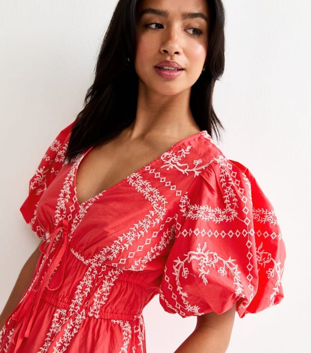 New Look Women's Petite Orange Embroidered V-Neck Midi Dress New Look - 2