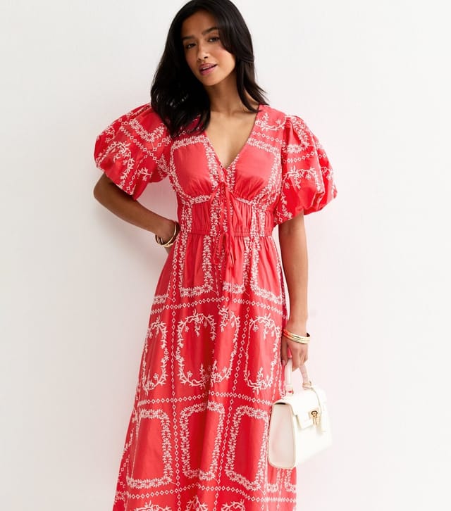New Look Women's Petite Orange Embroidered V-Neck Midi Dress New Look - 3