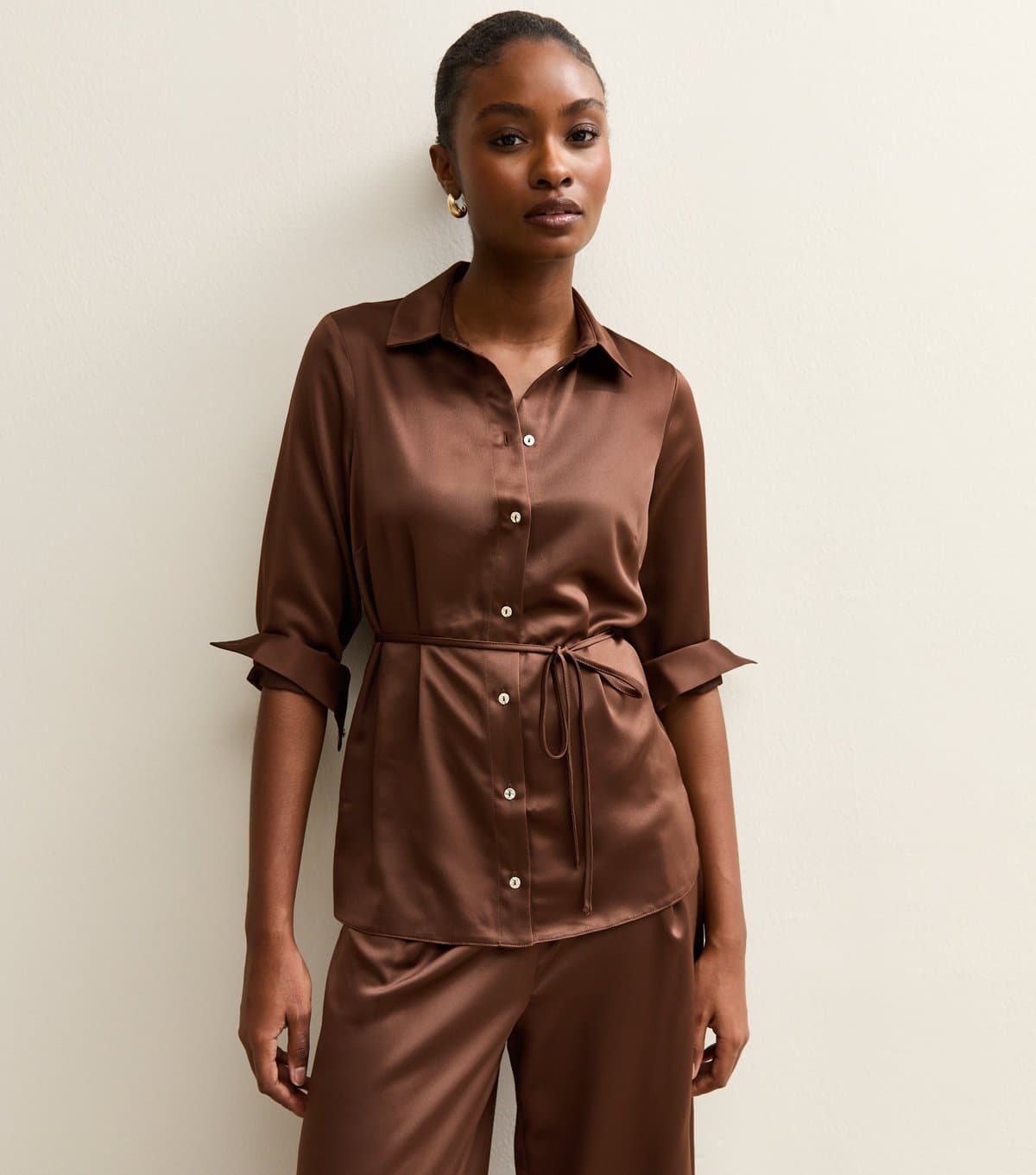 New Look New Look Mid Brown Satin Belted Shirt