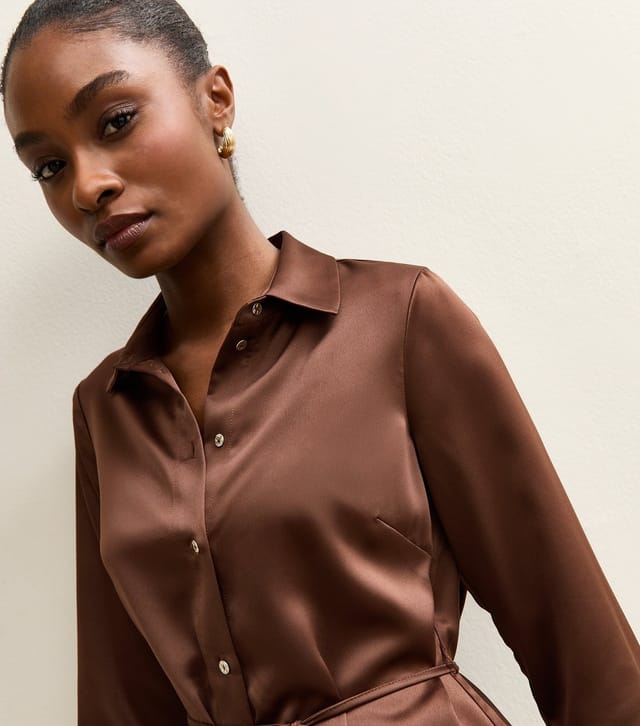 New Look Women's Mid Brown Satin Belted Shirt New Look - 2
