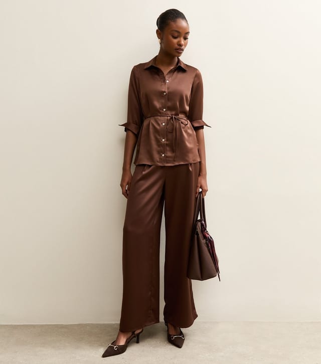New Look Women's Mid Brown Satin Belted Shirt New Look - 3